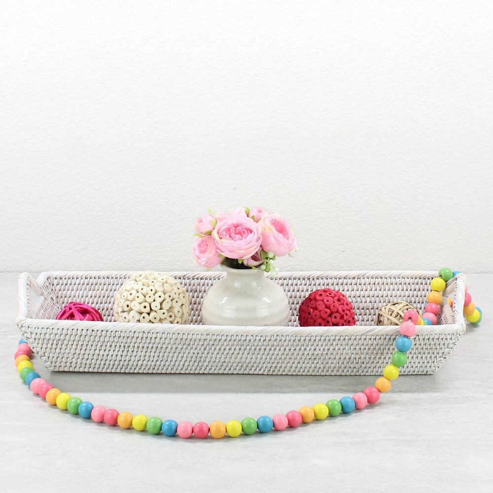 NEW Long Large Tight Woven Rattan Tray with Handles- Whitewash